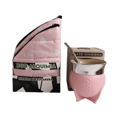 SET MATERO DUO ALQUIMIA PUFFER ROSA LUNARES + MATE GINEBRA ROSA/BLANCO