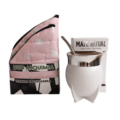 SET MATERO DUO ALQUIMIA PUFFER ROSA LUNARES + MATE RITUAL BLANCO/ROSA