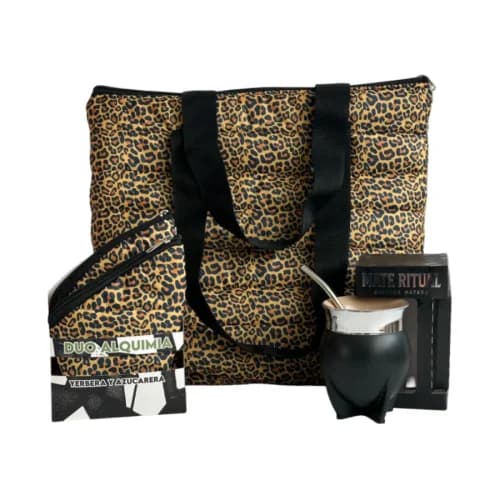 COMBO BOLSA MATERA PUFFER PRINT + YERBERA Y AZUCARERA ALQUIMIA DUO+ MATE RITUAL NEGRO/YUTE