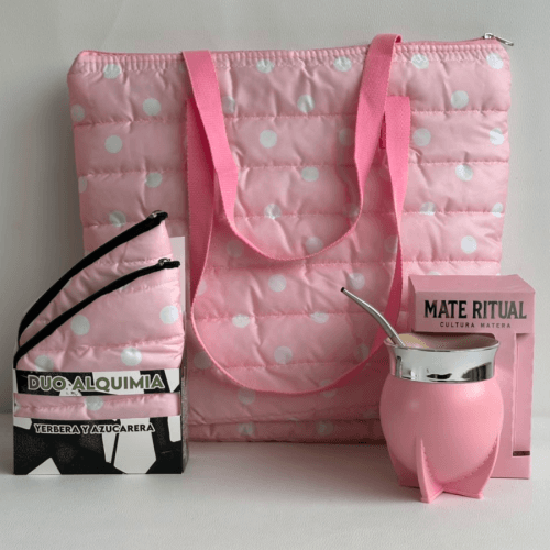 COMBO BOLSA MATERA PUFFER ROSA LUNARES/PRINT + YERBERA Y AZUCARERA ALQUIMIA DUO+ MATE RITUAL