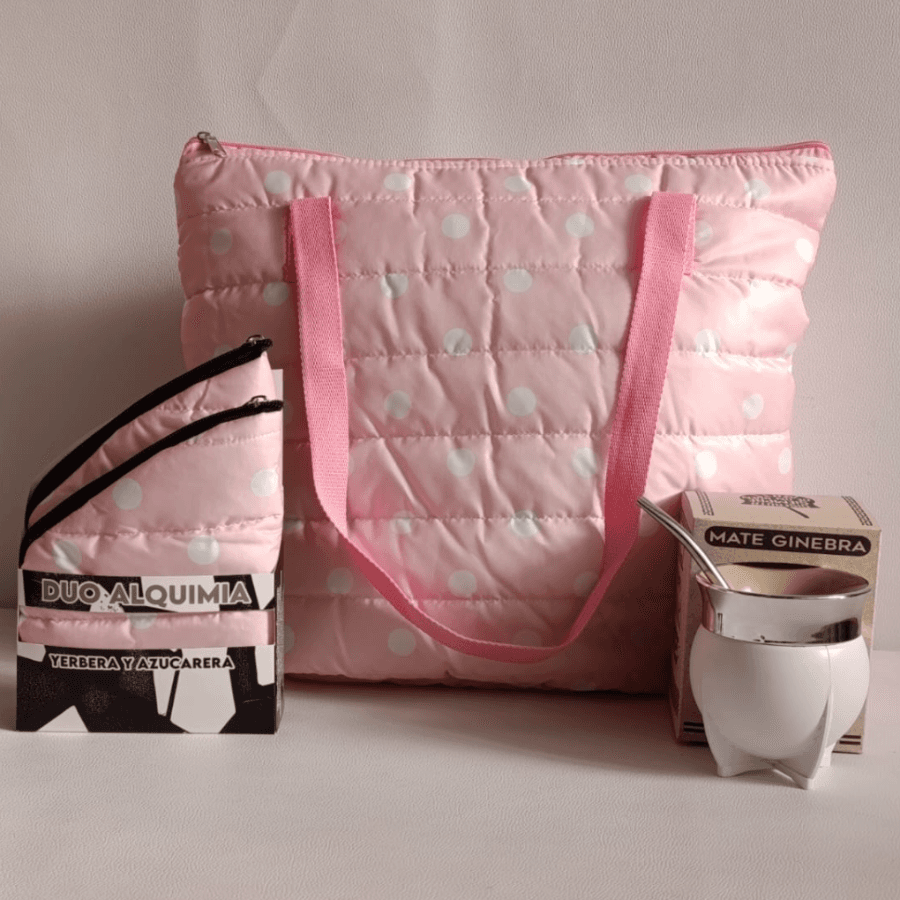 COMBO BOLSO MATERO PUFFER ROSA + YERBERA Y AZUCARERA ALQUIMIA DUO+ MATE GINEBRA BLANCO/ROSA