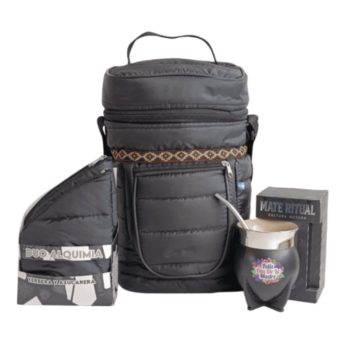 COMBO BOLSO MATERO PUFFER + YERBERA Y AZUCARERA ALQUIMIA DUO + MATE RITUAL NEGRO DTF UV